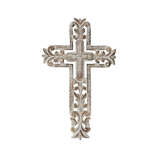 Hand-Carved Cross W Fleur-De-Lis Wall Art 25x40cm