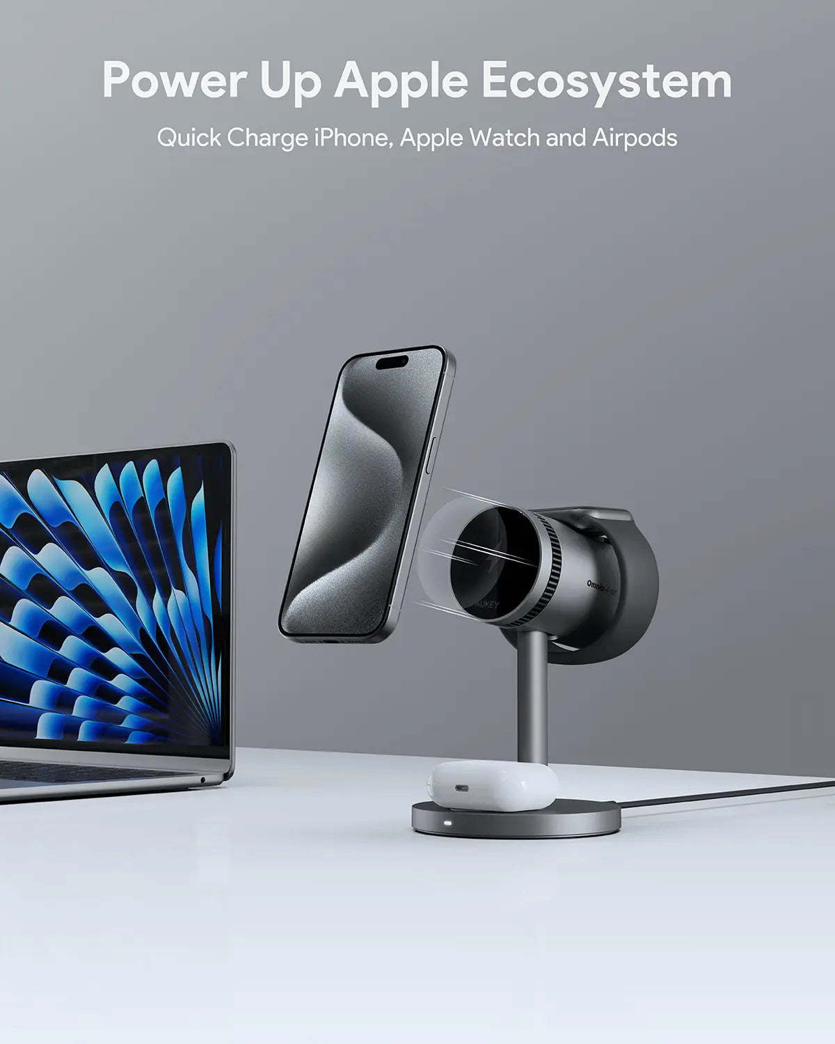 Aukey MagFusion 3-in-1 Pro Qi2 Magnetic Fast Wireless Charging Station with Active Cooling (LC-MC311A)