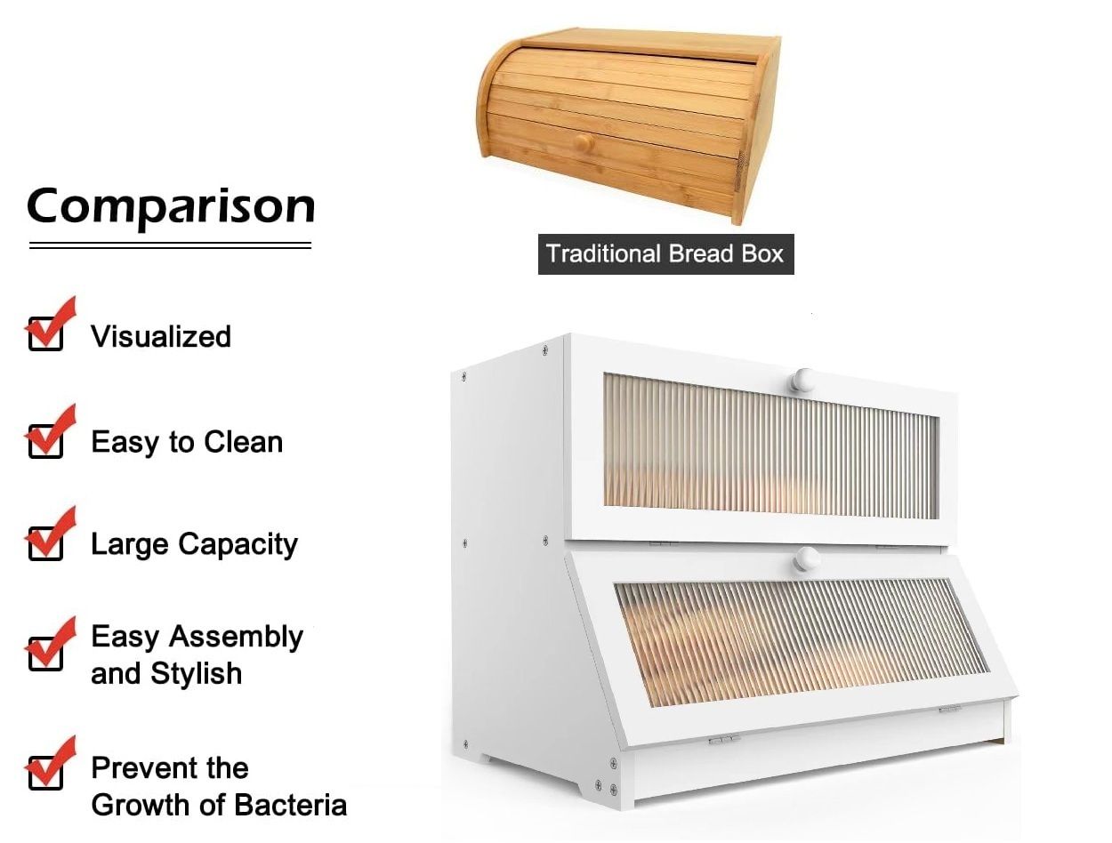 CARLA HOME Double Layer Bamboo Bread Box for Kitchen Counter - Large Capacity Bread Storage Container with Clear Window, Easy Assembly, Farmhouse Style Bread Holder (White)