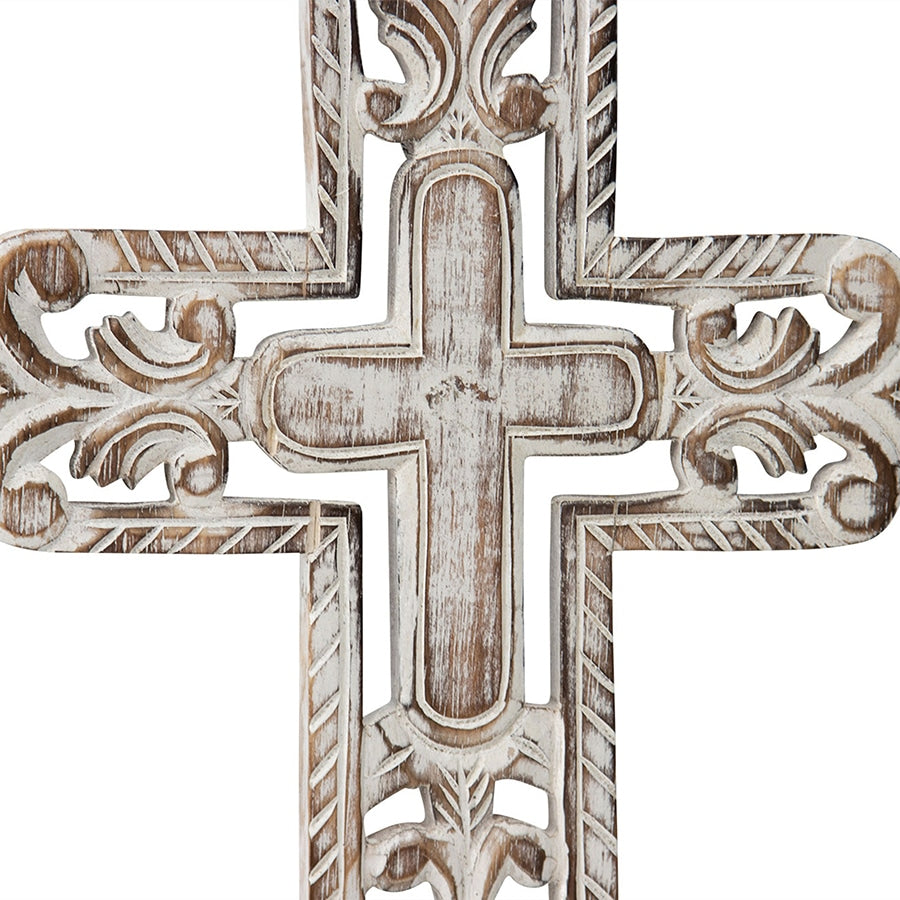 Hand-Carved Cross W Fleur-De-Lis Wall Art 25x40cm