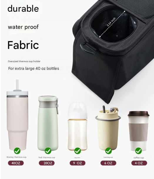 Grey and Black Stitching Universal Stroller Organiser Caddy with Insulated Cup Holders and Detachable Wristlet